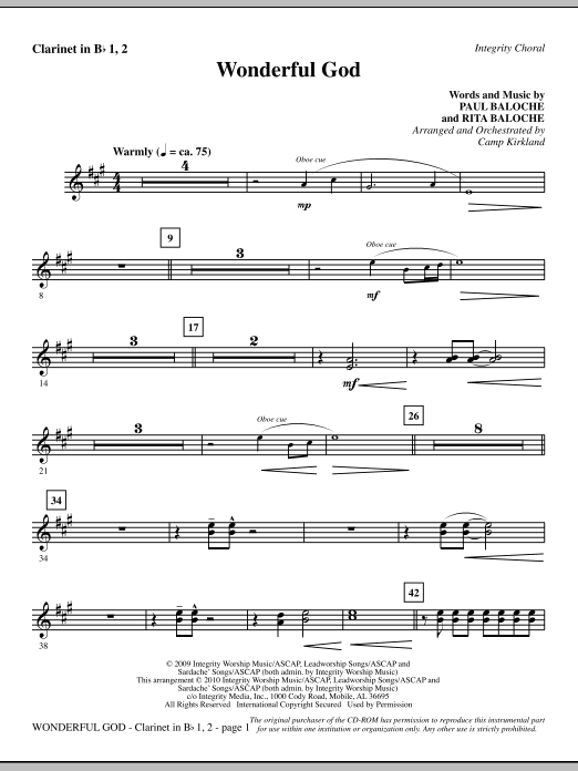 Learn to play Camp Kirkland Wonderful God - Clarinet 1 & 2 sheet music for Choir Instrumental Pak in minutes. Camp Kirkland Wonderful God - Clarinet 1 & 2 sheet music notes and chords. Download Printable PDF.