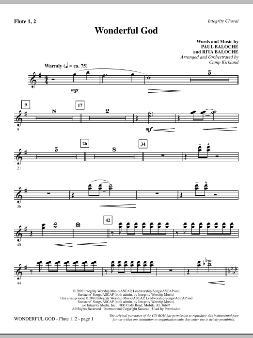 Learn to play Camp Kirkland Wonderful God - Flute 1 & 2 sheet music for Choir Instrumental Pak in minutes. Camp Kirkland Wonderful God - Flute 1 & 2 sheet music notes and chords. Download Printable PDF.