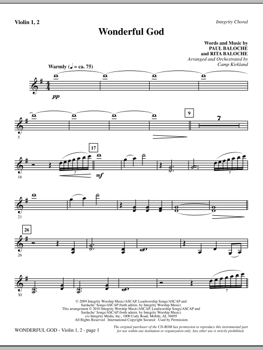 Learn to play Camp Kirkland Wonderful God - Violin 1, 2 sheet music for Choir Instrumental Pak in minutes. Camp Kirkland Wonderful God - Violin 1, 2 sheet music notes and chords. Download Printable PDF.