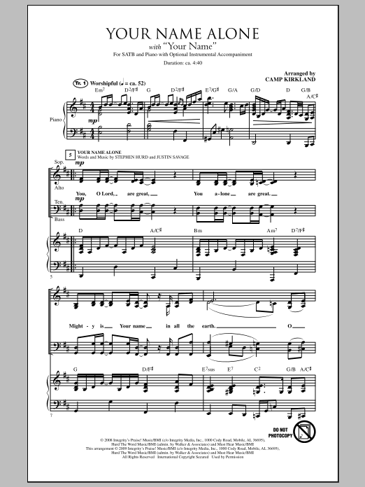 Learn to play Camp Kirkland Your Name Alone (with Your Name) sheet music for SATB Choir in minutes. Price: 3.9900$ Camp Kirkland Your Name Alone (with Your Name) sheet music notes and chords arranged for SATB Choir
