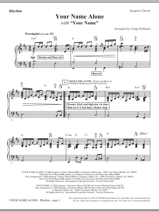 Learn to play Camp Kirkland Your Name Alone (with Your Name) - Rhythm sheet music for Choir Instrumental Pak in minutes. Camp Kirkland Your Name Alone (with Your Name) - Rhythm sheet music notes and chords. Download Printable PDF.