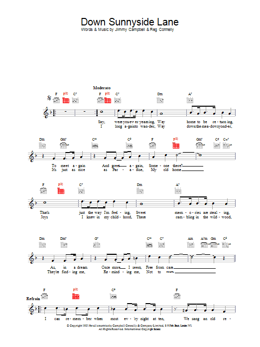 Learn to play Jimmy Campbell and Reg Connelly Down Sunnyside Lane sheet music for Lead Sheet / Fake Book in minutes. Price: 5.9900$ Jimmy Campbell and Reg Connelly Down Sunnyside Lane sheet music notes and chords arranged for Lead Sheet / Fake Book