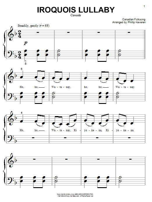 Canadian Folksong Iroquois Lullaby sheet music notes and chords arranged for Big Note Piano