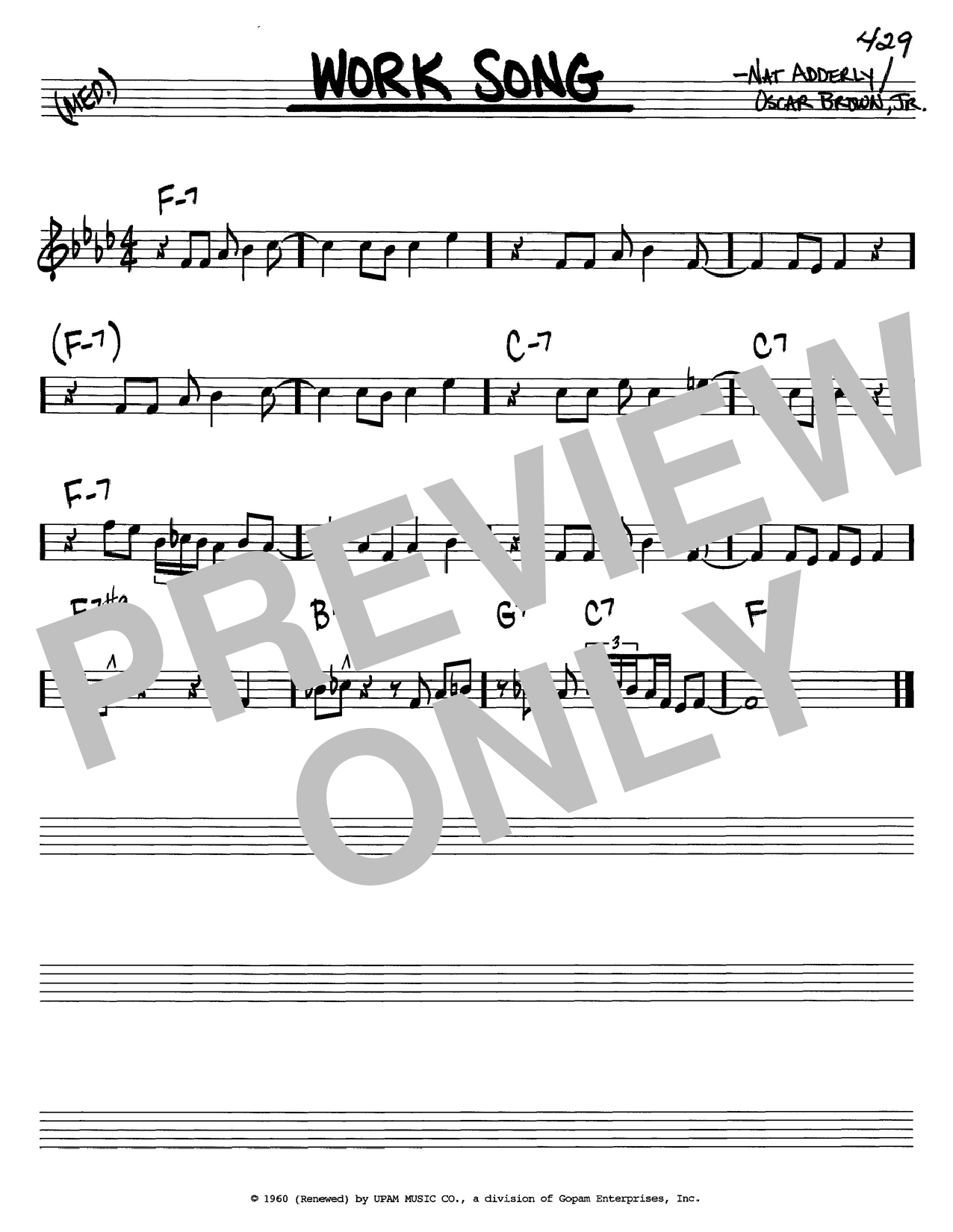 Cannonball Adderley Work Song sheet music notes and chords. Download Printable PDF.