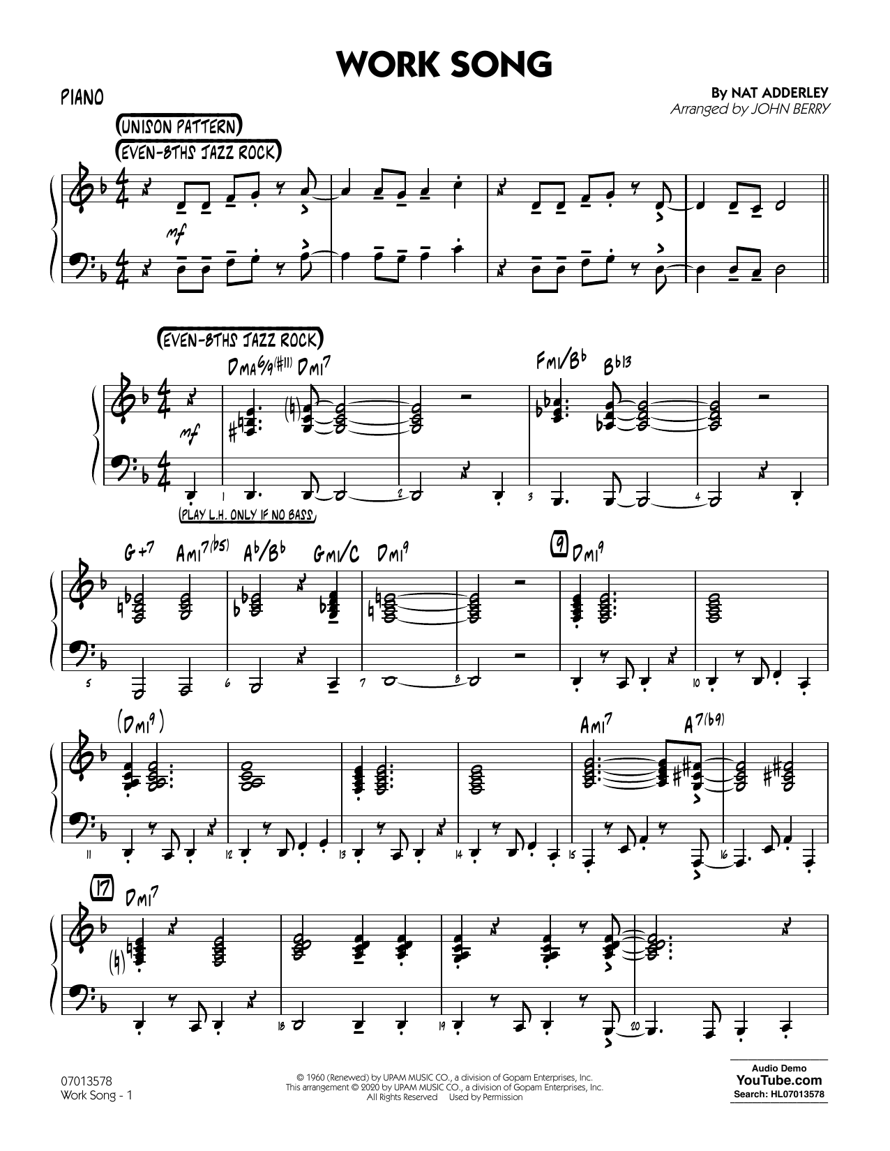 éxtasis Conversacional policía Cannonball Adderley "Work Song (arr. John Berry) - Piano" Sheet Music  Notes, Chords | Download Printable PDF 442842 Score