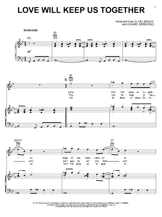 The Captain & Tennille Love Will Keep Us Together sheet music notes and chords. Download Printable PDF.