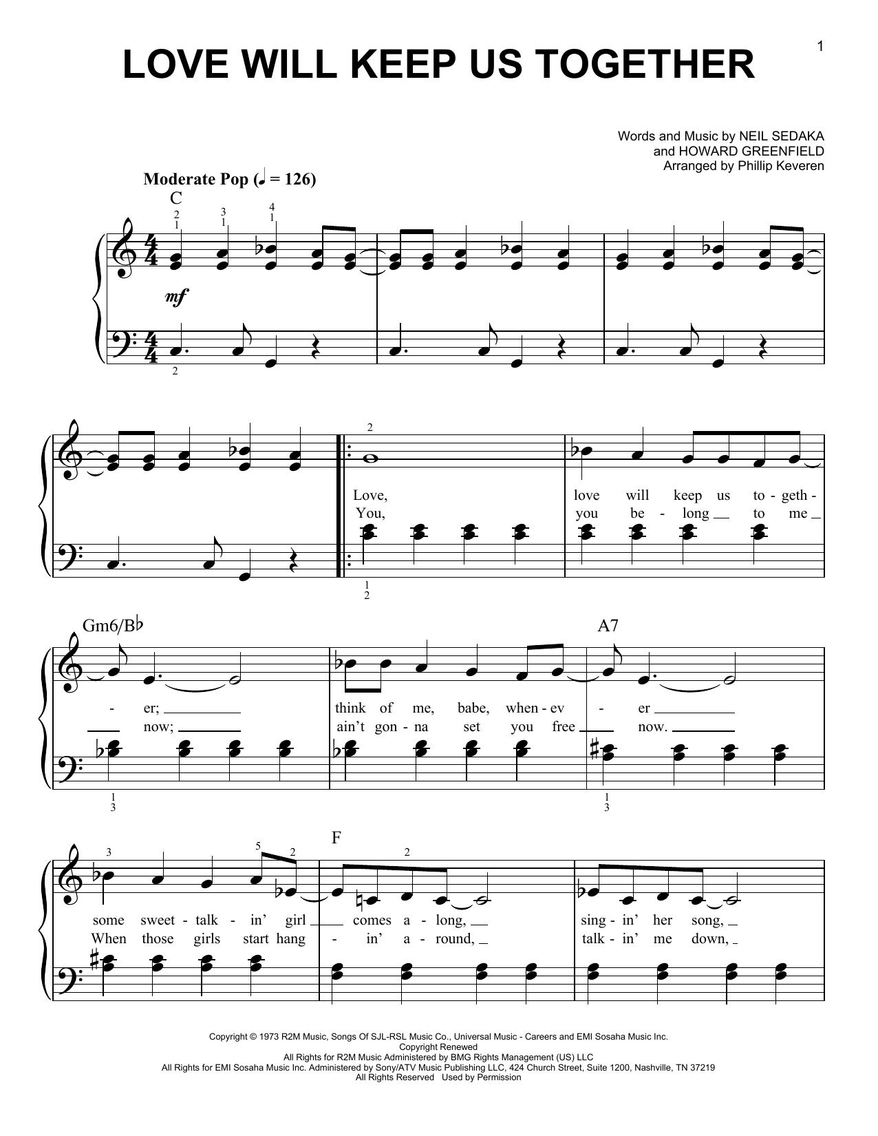 Learn to play Phillip Keveren Love Will Keep Us Together sheet music for Easy Piano in minutes. Price: 6.9900$ Phillip Keveren Love Will Keep Us Together sheet music notes and chords arranged for Easy Piano