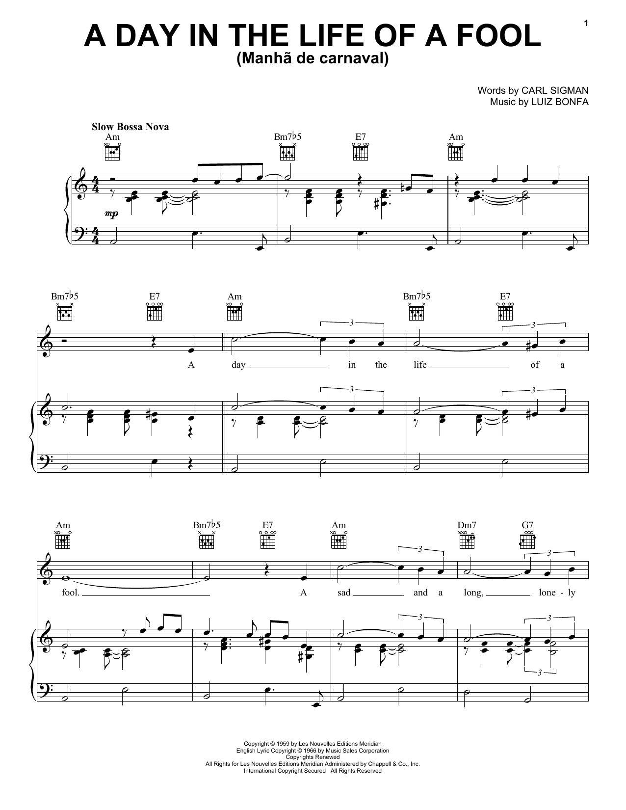 Carl Sigman A Day In The Life Of A Fool (Manha De Carnaval) sheet music notes and chords - Download Printable PDF and start playing in minutes.