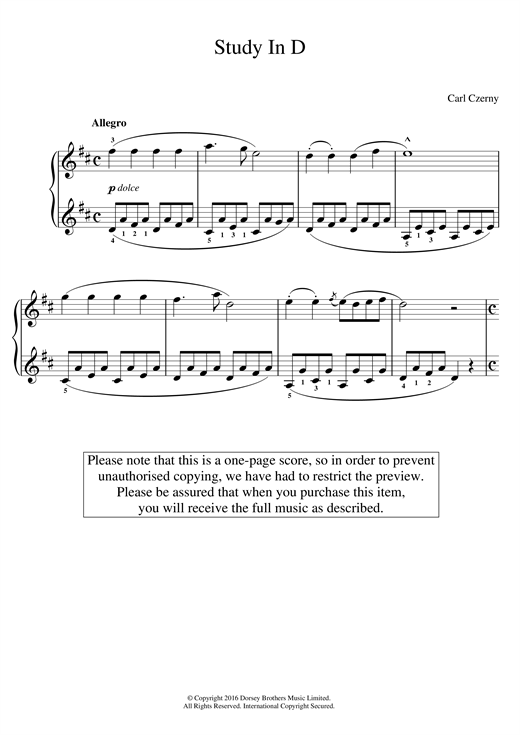 Learn to play Carl Czerny Study In D sheet music for Easy Piano in minutes. Price: 6.9900$ Carl Czerny Study In D sheet music notes and chords arranged for Easy Piano