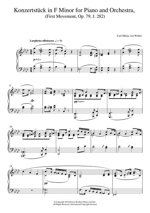 Learn to play Carl Maria von Weber Konzertstück in F Minor for Piano and Orchestra, First Movement, Op. 79, J. 282 sheet music for Piano Solo in minutes. Carl Maria von Weber Konzertstück in F Minor for Piano and Orchestra, First Movement, Op. 79, J. 282 sheet music notes and chords. Download Printable PDF.