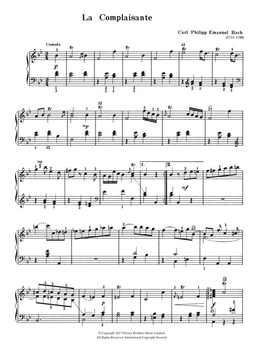 Learn to play Carl Philipp Emanuel Bach La Complaisante sheet music for Piano Solo in minutes. Price: 6.9900$ Carl Philipp Emanuel Bach La Complaisante sheet music notes and chords arranged for Piano Solo