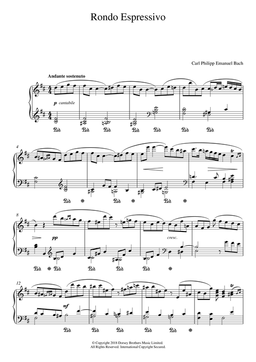 Learn to play Carl Philipp Emanuel Bach Rondo Espressivo sheet music for Piano Solo in minutes. Price: 6.9900$ Carl Philipp Emanuel Bach Rondo Espressivo sheet music notes and chords arranged for Piano Solo