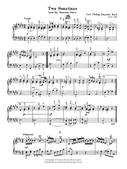 Learn to play Carl Philipp Emanuel Bach Two Sonatinas (From Six Sonatine Nuove) sheet music for Piano Solo in minutes. Carl Philipp Emanuel Bach Two Sonatinas (From Six Sonatine Nuove) sheet music notes and chords. Download Printable PDF.