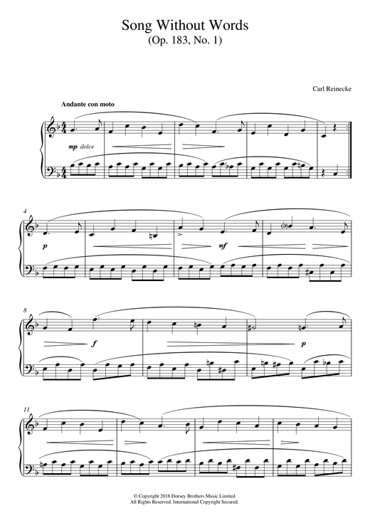 Learn to play Carl Reinecke Song Without Words, Op. 183, No. 1 sheet music for Piano Solo in minutes. Price: 6.9900$ Carl Reinecke Song Without Words, Op. 183, No. 1 sheet music notes and chords arranged for Piano Solo