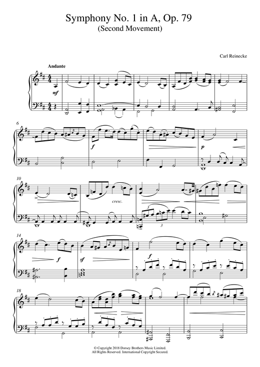 Learn to play Carl Reinecke Symphony No. 1 In A, Op. 79 (Second Movement) sheet music for Piano Solo in minutes. Price: 6.9900$ Carl Reinecke Symphony No. 1 In A, Op. 79 (Second Movement) sheet music notes and chords arranged for Piano Solo