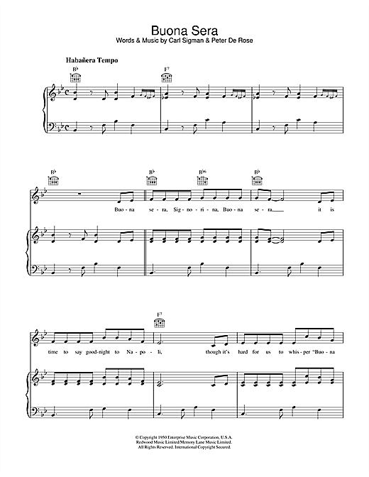 Preview Carl Sigman Buona Sera Pop sheet music, notes and chords for Piano, Vocal & Guitar (Right-Hand Melody), SKU: 37388 sheet music, piano notes, chords, guitar tabs, score, transpose, transcribe, how to play, guide, download, learn, tutorial, progression, song, artist, awards, billboard, mtv, vh1, tour, single, album, release