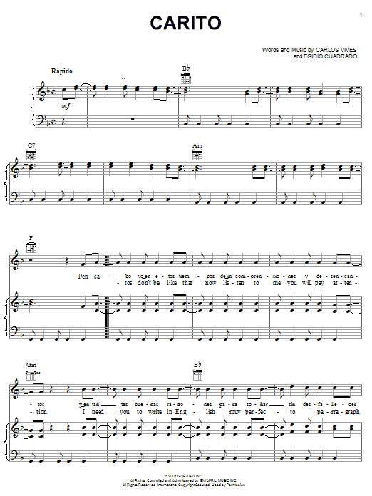 Learn to play Carlos Vives Carito sheet music for Piano, Vocal & Guitar (Right-Hand Melody) in minutes. Carlos Vives Carito sheet music notes and chords. Download Printable PDF.