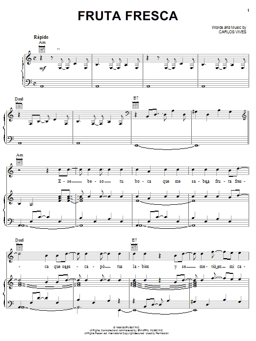 Learn to play Carlos Vives Fruta Fresca sheet music for Piano, Vocal & Guitar (Right-Hand Melody) in minutes. Carlos Vives Fruta Fresca sheet music notes and chords. Download Printable PDF.