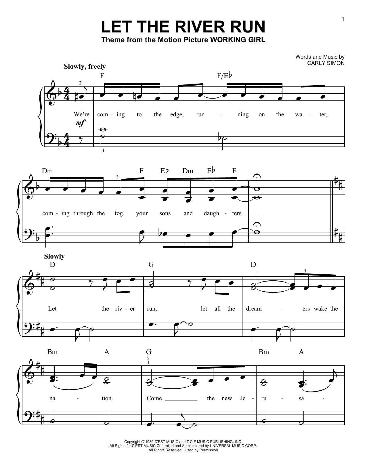 Carly Simon Let The River Run sheet music notes and chords. Download Printable PDF.