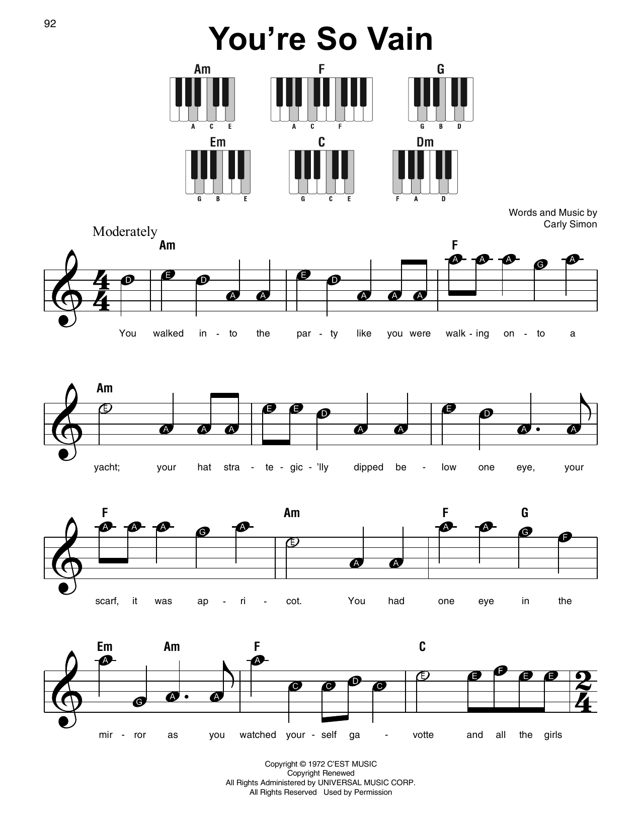 Carly Simon You're So Vain sheet music notes and chords. Download Printable PDF.