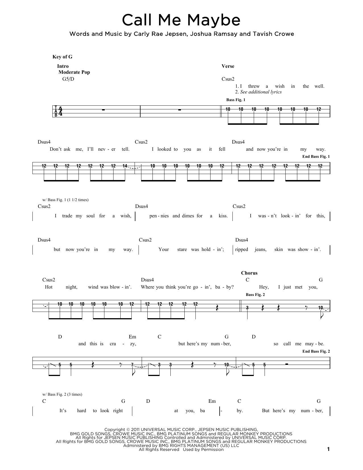 Carly Rae Jepsen Call Me Maybe sheet music notes and chords. Download Printable PDF.