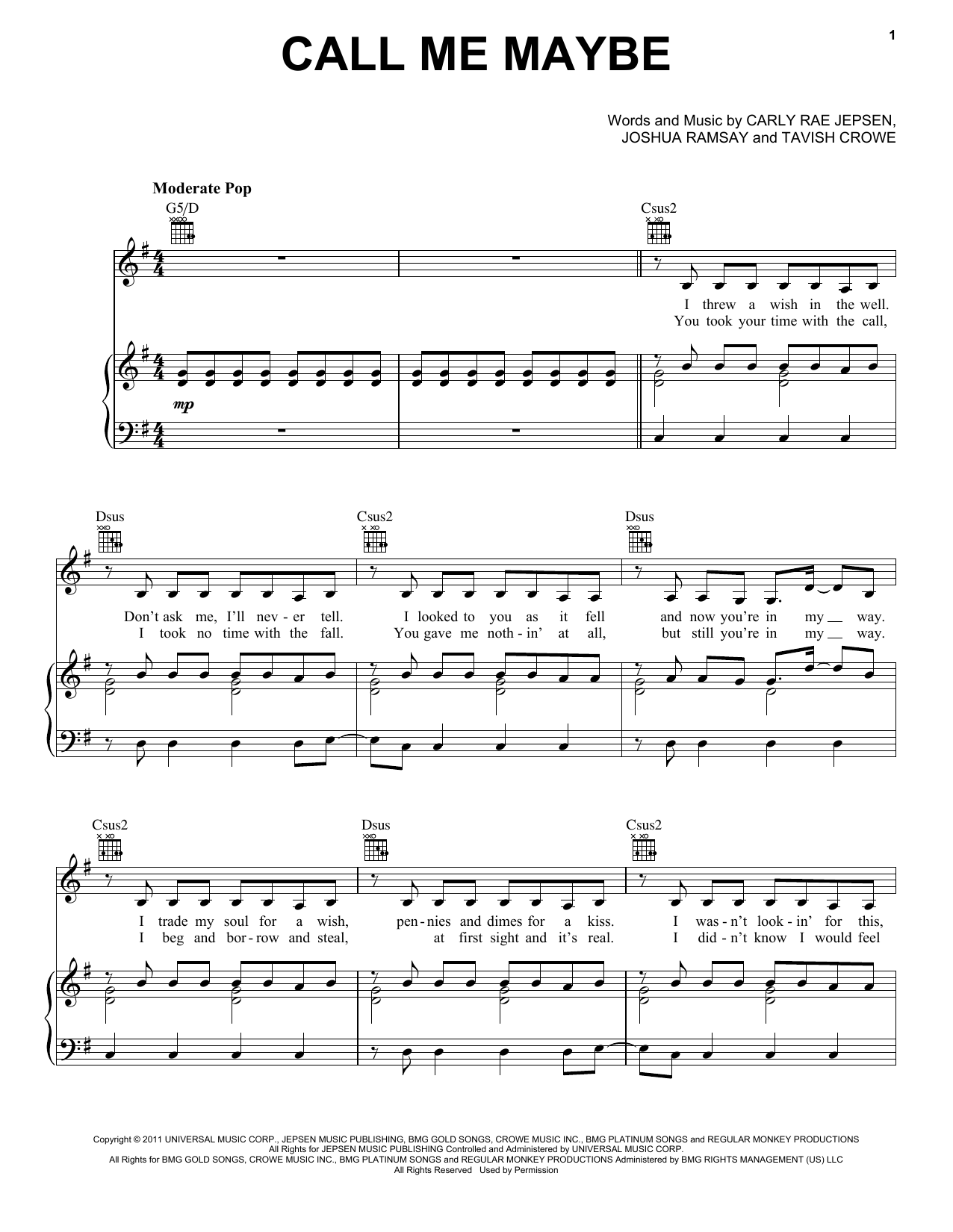 Carly Rae Jepsen Call Me Maybe Sheet Music Pdf Notes Chords Pop Score Guitar Chords Lyrics Download Printable Sku