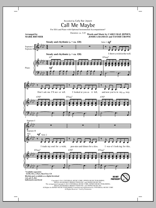 Carly Rae Jepsen Call Me Maybe (arr. Mark Brymer) sheet music notes and chords. Download Printable PDF.