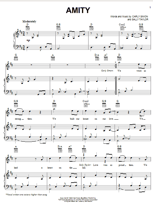 Learn to play Carly Simon Amity sheet music for Piano, Vocal & Guitar (Right-Hand Melody) in minutes. Carly Simon Amity sheet music notes and chords. Download Printable PDF.