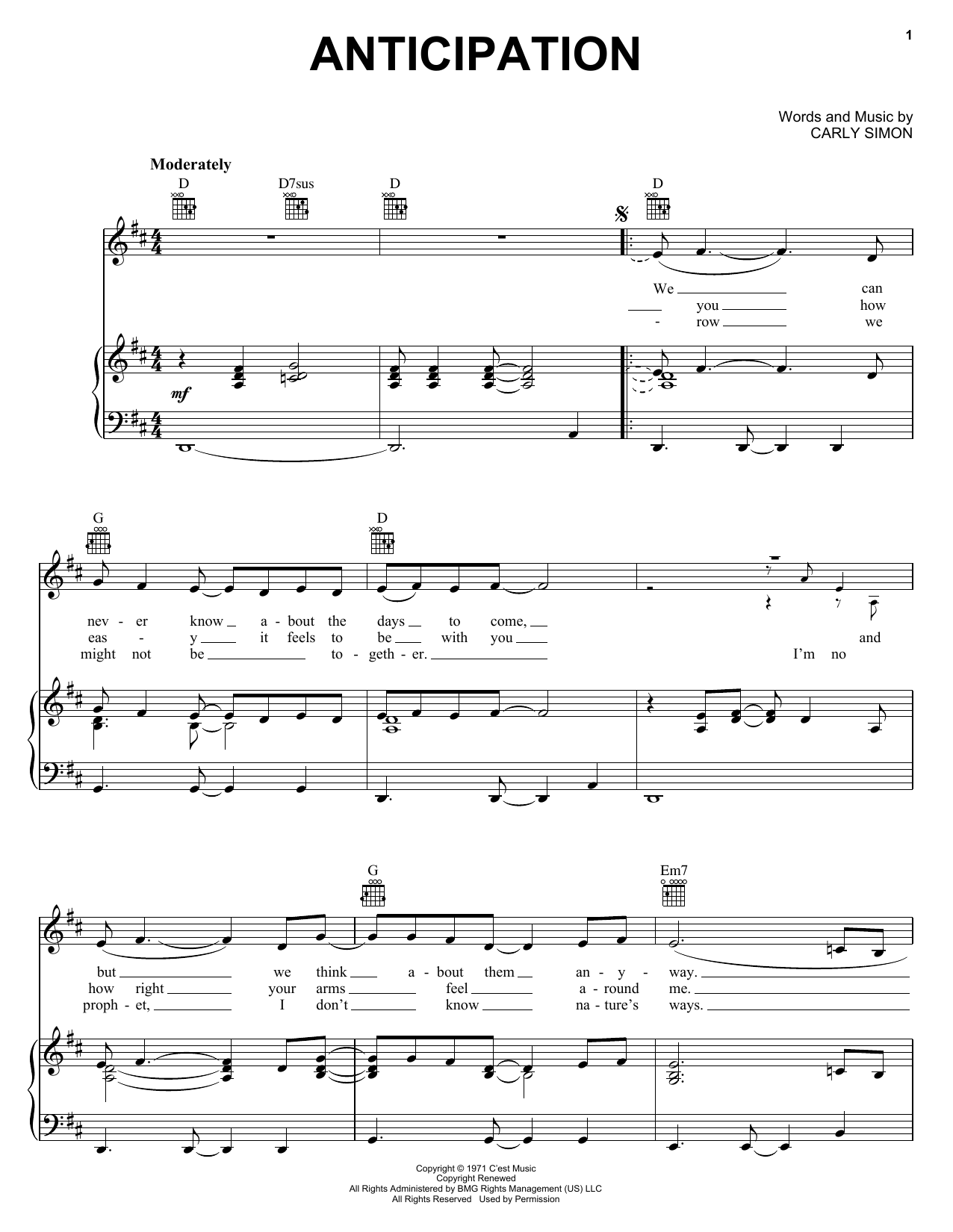 Carly Simon Anticipation sheet music notes and chords. Download Printable PDF.