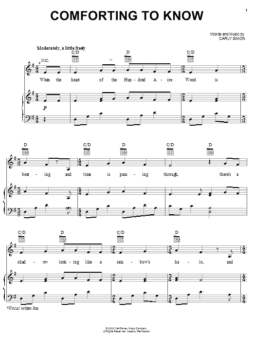 Carly Simon Comforting To Know From Piglet S Big Movie Sheet Music Pdf Notes Chords Disney Score Piano Vocal Guitar Right Hand Melody Download Printable Sku 23284