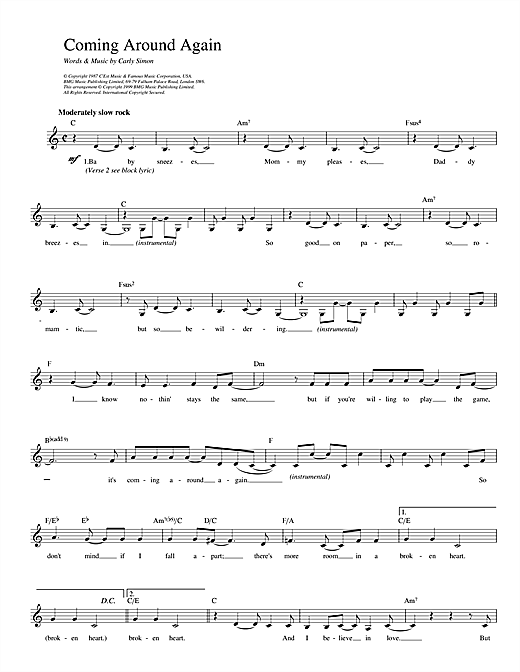 Learn to play Carly Simon Coming Around Again sheet music for Alto Sax Solo in minutes. Carly Simon Coming Around Again sheet music notes and chords. Download Printable PDF.