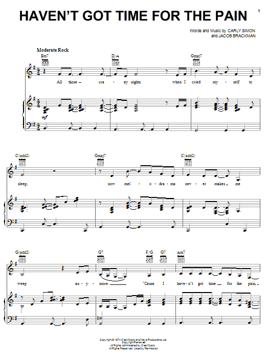 Learn to play Carly Simon Haven't Got Time For The Pain sheet music for Lead Sheet / Fake Book in minutes. Price: 5.9900$ Carly Simon Haven't Got Time For The Pain sheet music notes and chords arranged for Lead Sheet / Fake Book