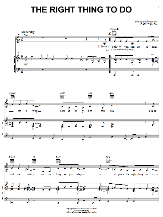 Learn to play Carly Simon The Right Thing To Do sheet music for Easy Lead Sheet / Fake Book in minutes. Price: 5.9900$ Carly Simon The Right Thing To Do sheet music notes and chords arranged for Easy Lead Sheet / Fake Book