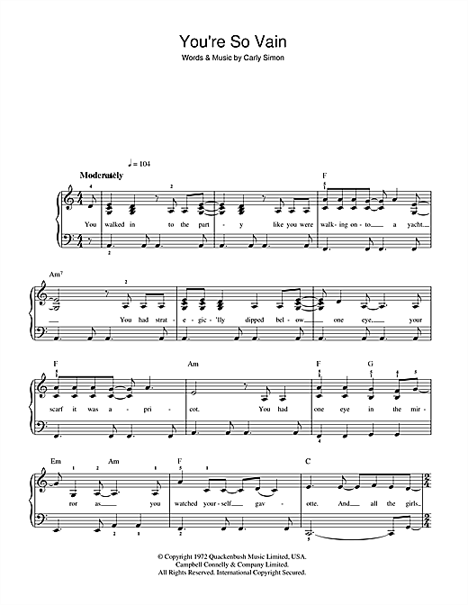 Carly Simon You're So Vain sheet music notes and chords. Download Printable PDF.