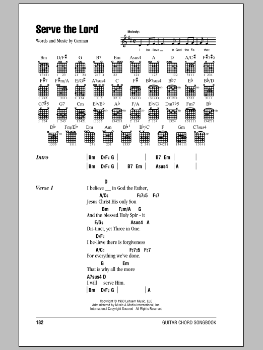 Learn to play Carman Serve The Lord sheet music for Guitar Chords/Lyrics in minutes. Carman Serve The Lord sheet music notes and chords. Download Printable PDF.