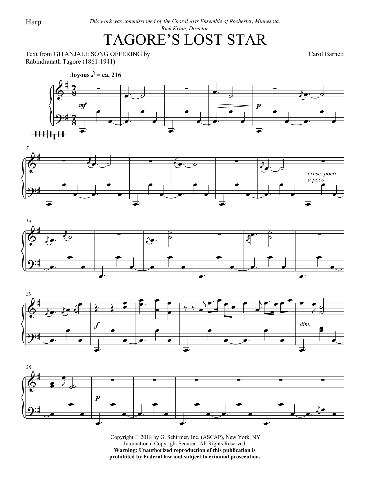 Carol Barnett Tagore S Lost Star Harp Sheet Music Pdf Notes Chords Concert Score Choir Instrumental Pak Download Printable Sku 382836