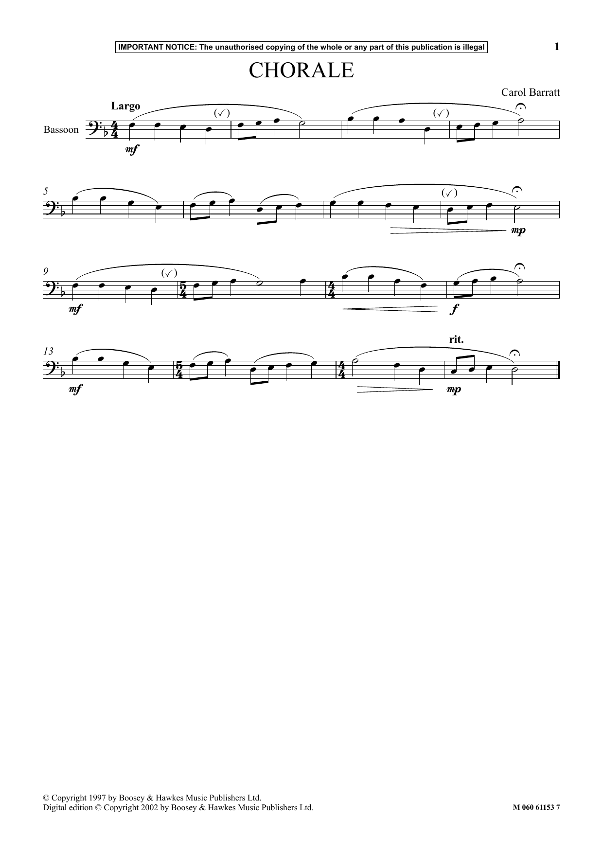 Carol Barratt Chorale sheet music notes and chords. Download Printable PDF.