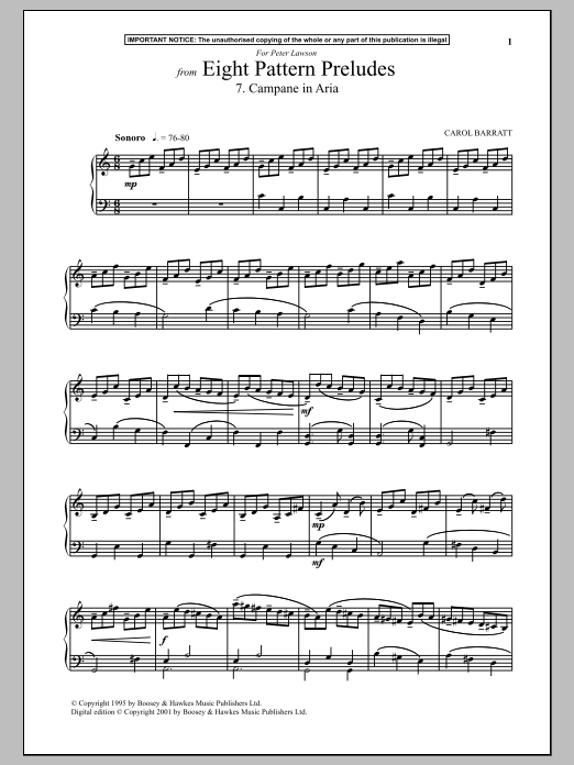 Learn to play Carol Barratt Eight Pattern Preludes, 7. Campane In Aria sheet music for Piano Solo in minutes. Carol Barratt Eight Pattern Preludes, 7. Campane In Aria sheet music notes and chords. Download Printable PDF.