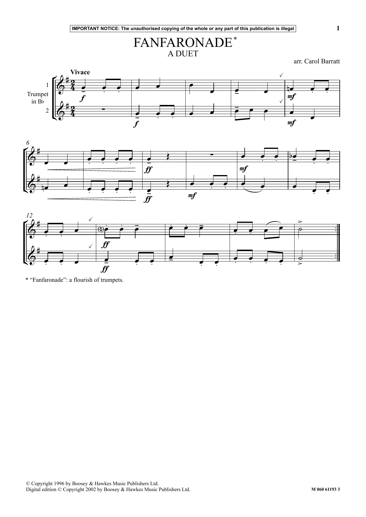 Learn to play Carol Barratt Fanfaronade sheet music for Instrumental Solo in minutes. Price: 5.9900$ Carol Barratt Fanfaronade sheet music notes and chords arranged for Instrumental Solo