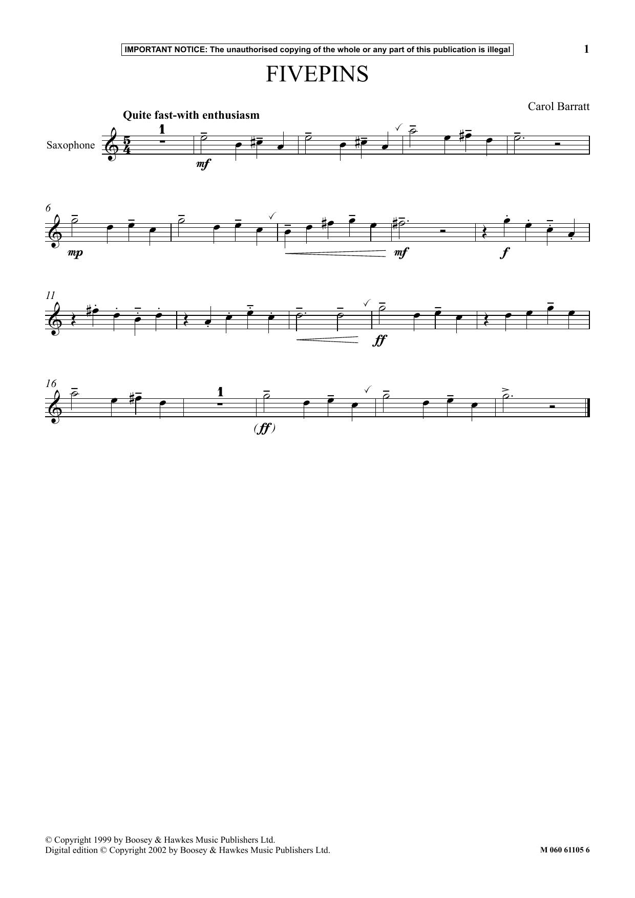 Carol Barratt Fivepins sheet music notes and chords. Download Printable PDF.