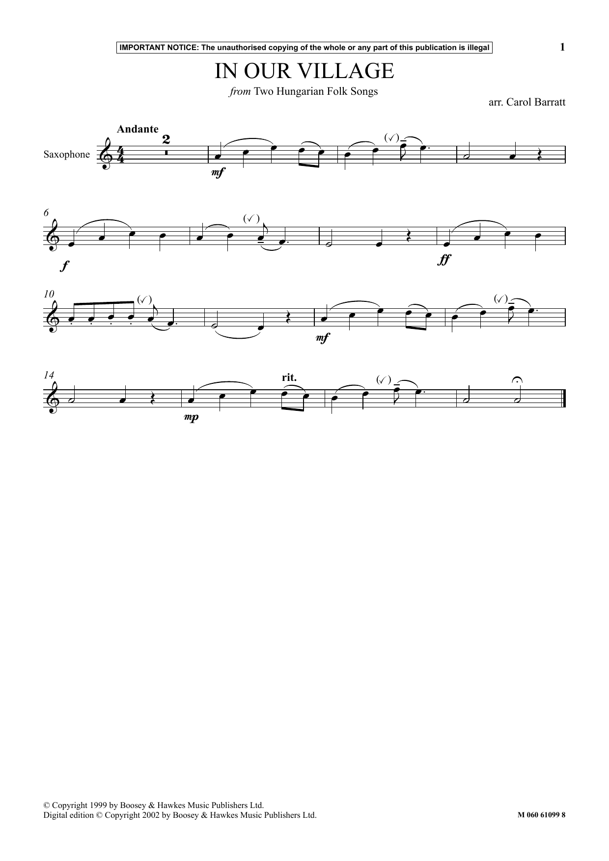 Learn to play Carol Barratt In Our Village (from Two Hungarian Folk Songs) sheet music for Instrumental Solo in minutes. Price: 5.9900$ Carol Barratt In Our Village (from Two Hungarian Folk Songs) sheet music notes and chords arranged for Instrumental Solo