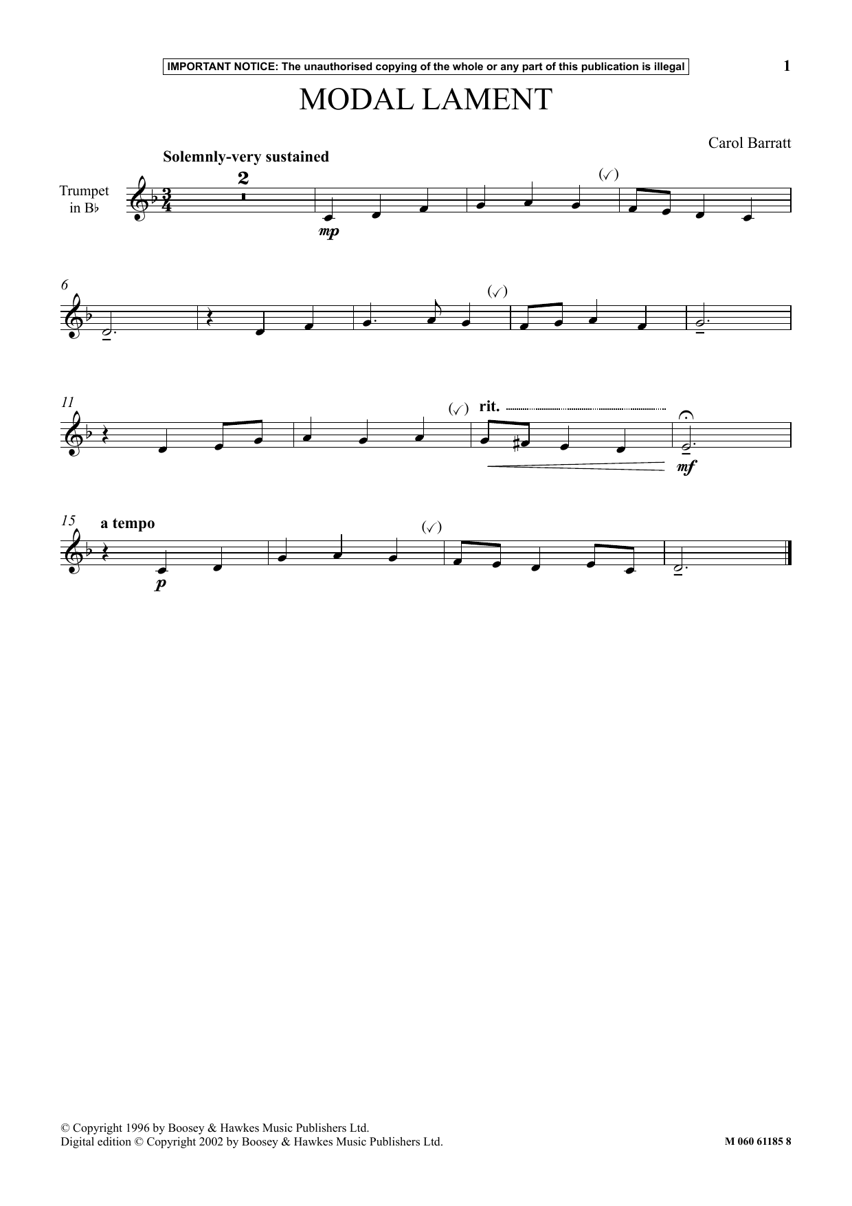 Carol Barratt Modal Lament sheet music notes and chords. Download Printable PDF.