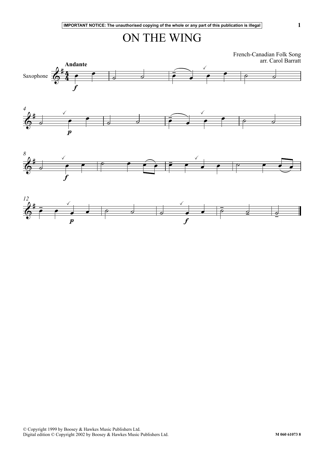 Learn to play Carol Barratt On The Wing sheet music for Instrumental Solo in minutes. Price: 5.9900$ Carol Barratt On The Wing sheet music notes and chords arranged for Instrumental Solo