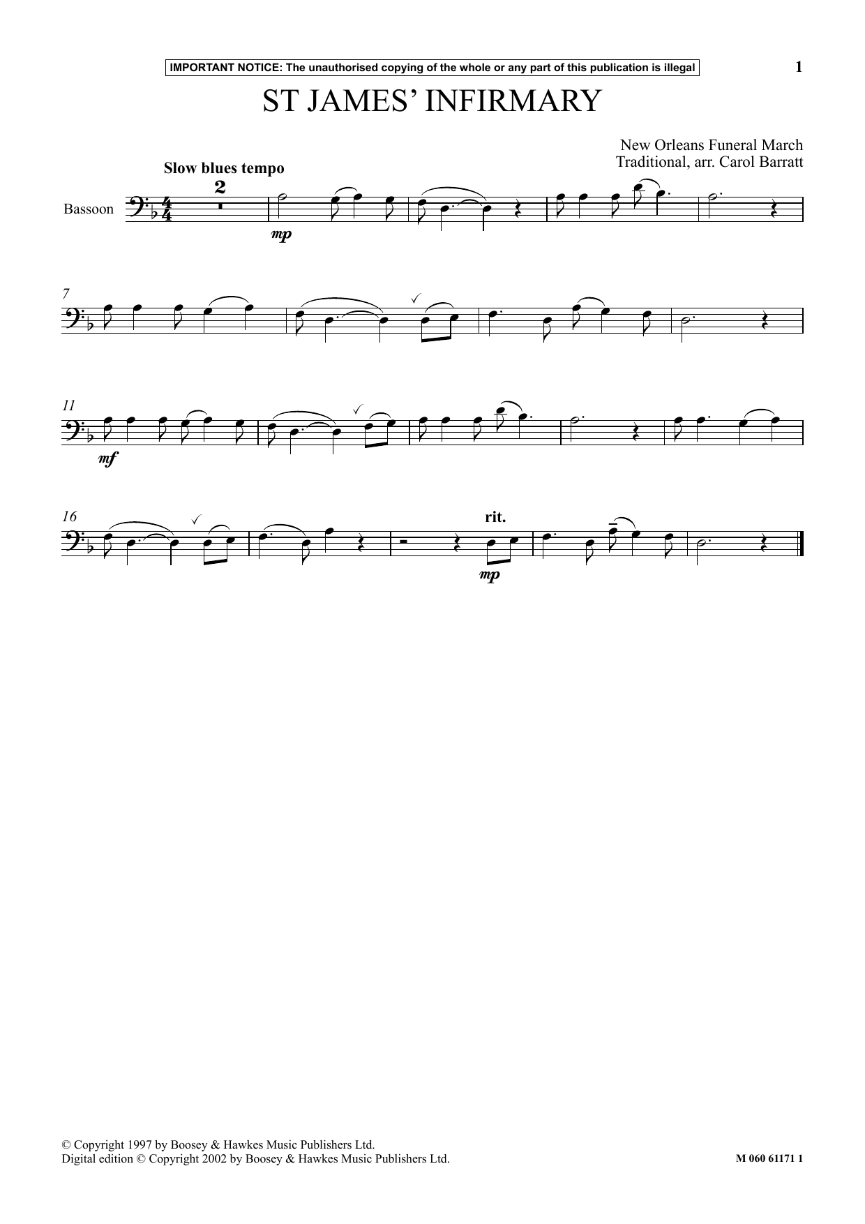 Carol Barratt Saint James Infirmary sheet music notes and chords. Download Printable PDF.