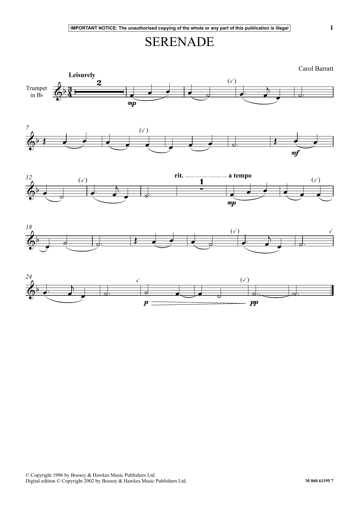 Carol Barratt Serenade sheet music notes and chords. Download Printable PDF.