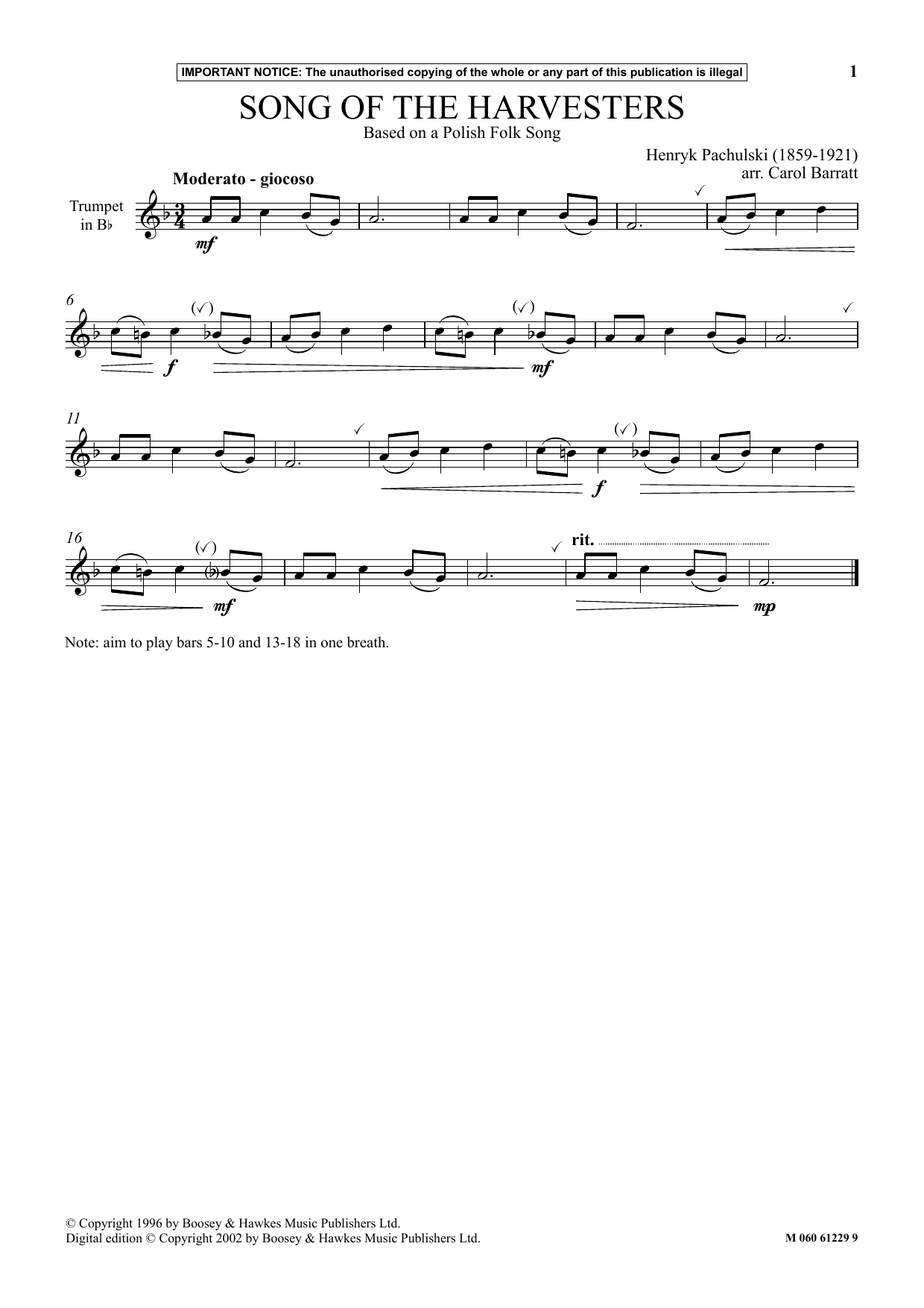 Learn to play Carol Barratt Song Of The Harvesters sheet music for Instrumental Solo in minutes. Price: 5.9900$ Carol Barratt Song Of The Harvesters sheet music notes and chords arranged for Instrumental Solo
