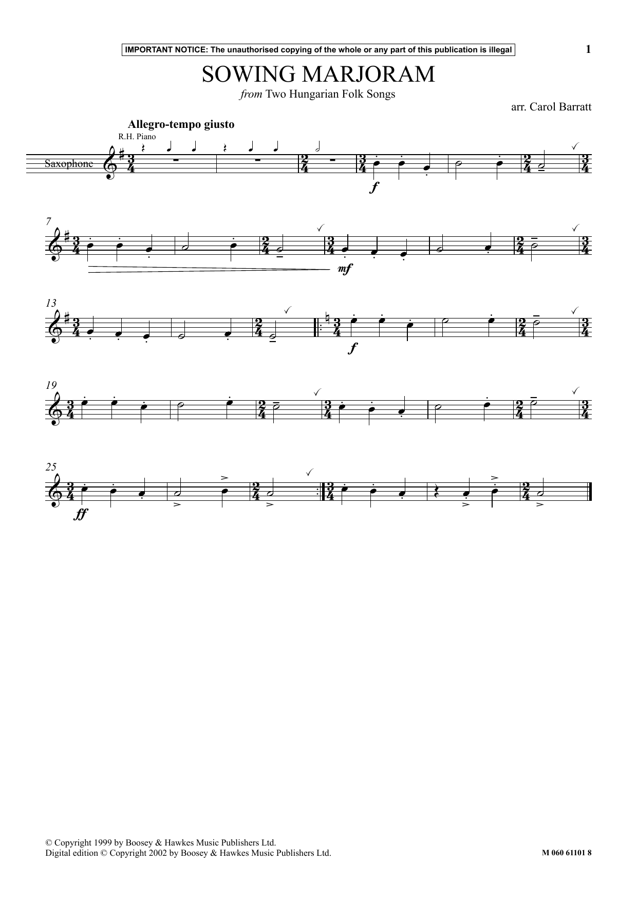 Learn to play Carol Barratt Sowing Marjoram (from Two Hungarian Folk Songs) sheet music for Instrumental Solo in minutes. Price: 5.9900$ Carol Barratt Sowing Marjoram (from Two Hungarian Folk Songs) sheet music notes and chords arranged for Instrumental Solo