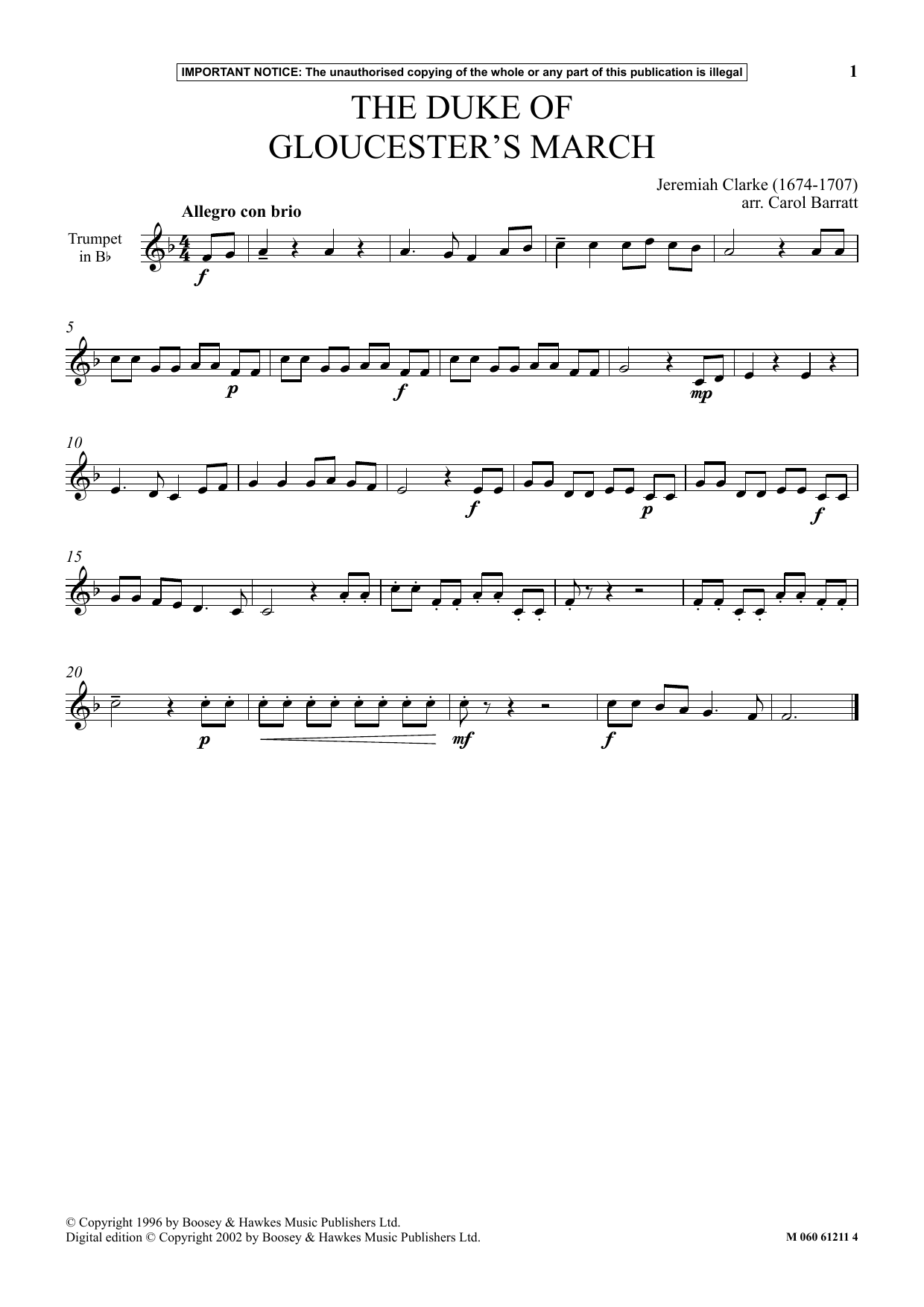 Learn to play Carol Barratt The Duke Of Gloucester's March sheet music for Instrumental Solo in minutes. Price: 5.9900$ Carol Barratt The Duke Of Gloucester's March sheet music notes and chords arranged for Instrumental Solo