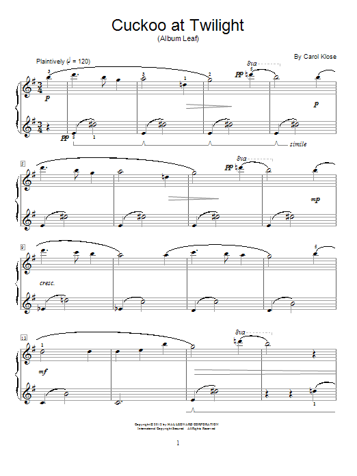 Learn to play Carol Klose Cuckoo At Twilight sheet music for Educational Piano in minutes. Price: 6.9900$ Carol Klose Cuckoo At Twilight sheet music notes and chords arranged for Educational Piano