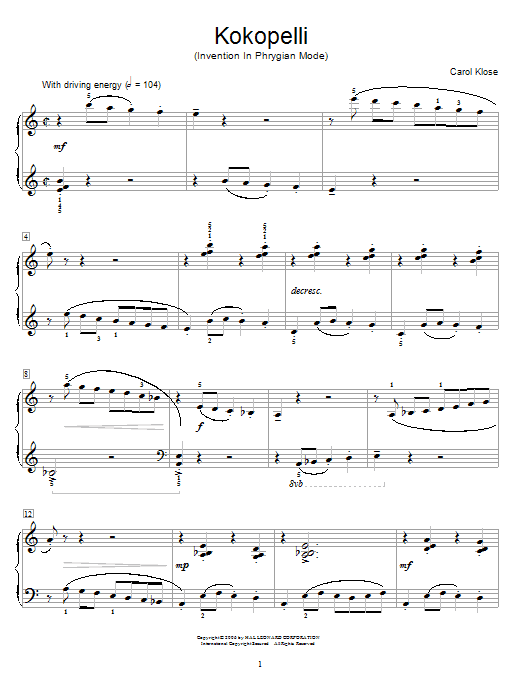Learn to play Carol Klose Kokopelli (Invention In Phrygian Mode) sheet music for Educational Piano in minutes. Price: 6.9900$ Carol Klose Kokopelli (Invention In Phrygian Mode) sheet music notes and chords arranged for Educational Piano